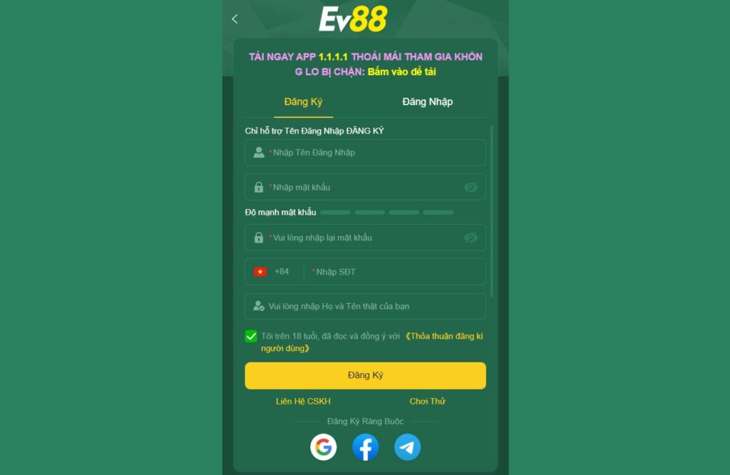 Form điền thông tin đăng ký EV88