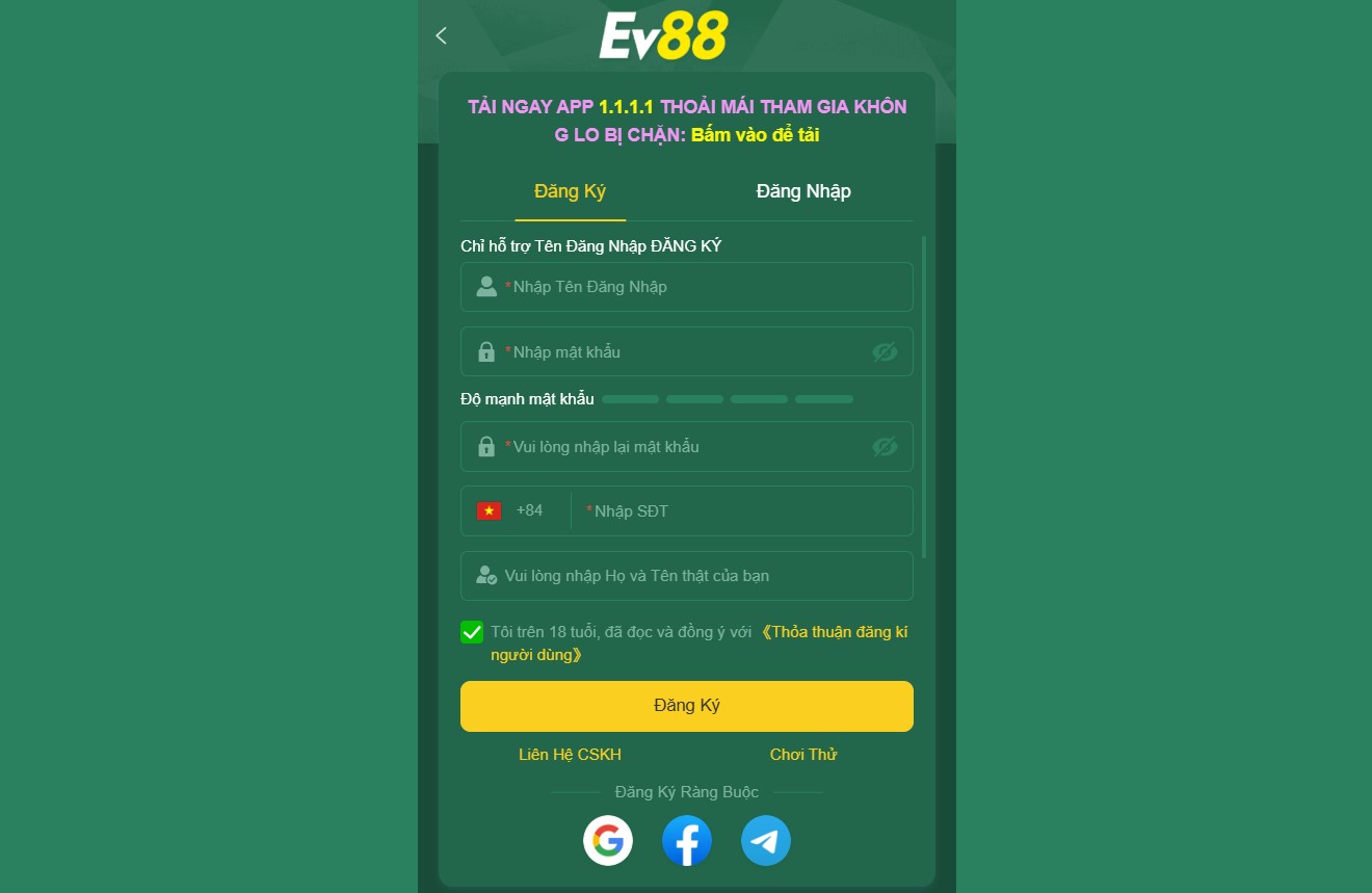 Form điền thông tin đăng ký EV88